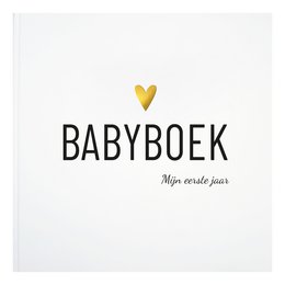 A white hardcover baby book with the title "BABYBOEK" and a heart icon, surrounded by natural elements like feathers and a wicker basket.