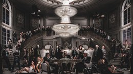 Vintage black and white poster depicting a crowded, ornate interior scene with people dining and socializing.