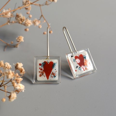 Red heart earrings, Square glass tile on sterling silver threader wire