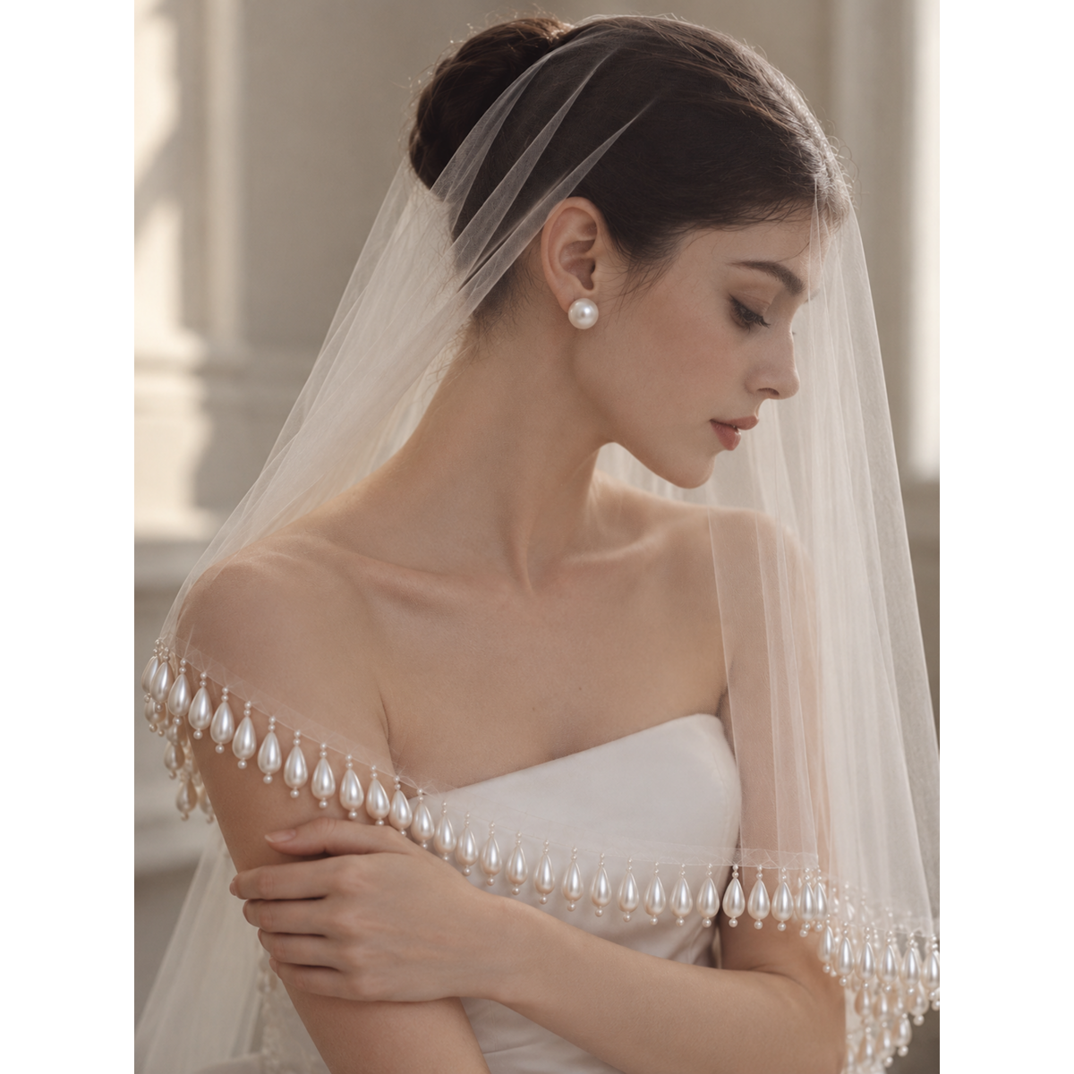 Romantic Teardrop Pearl Fringe Bridal Wedding Veil