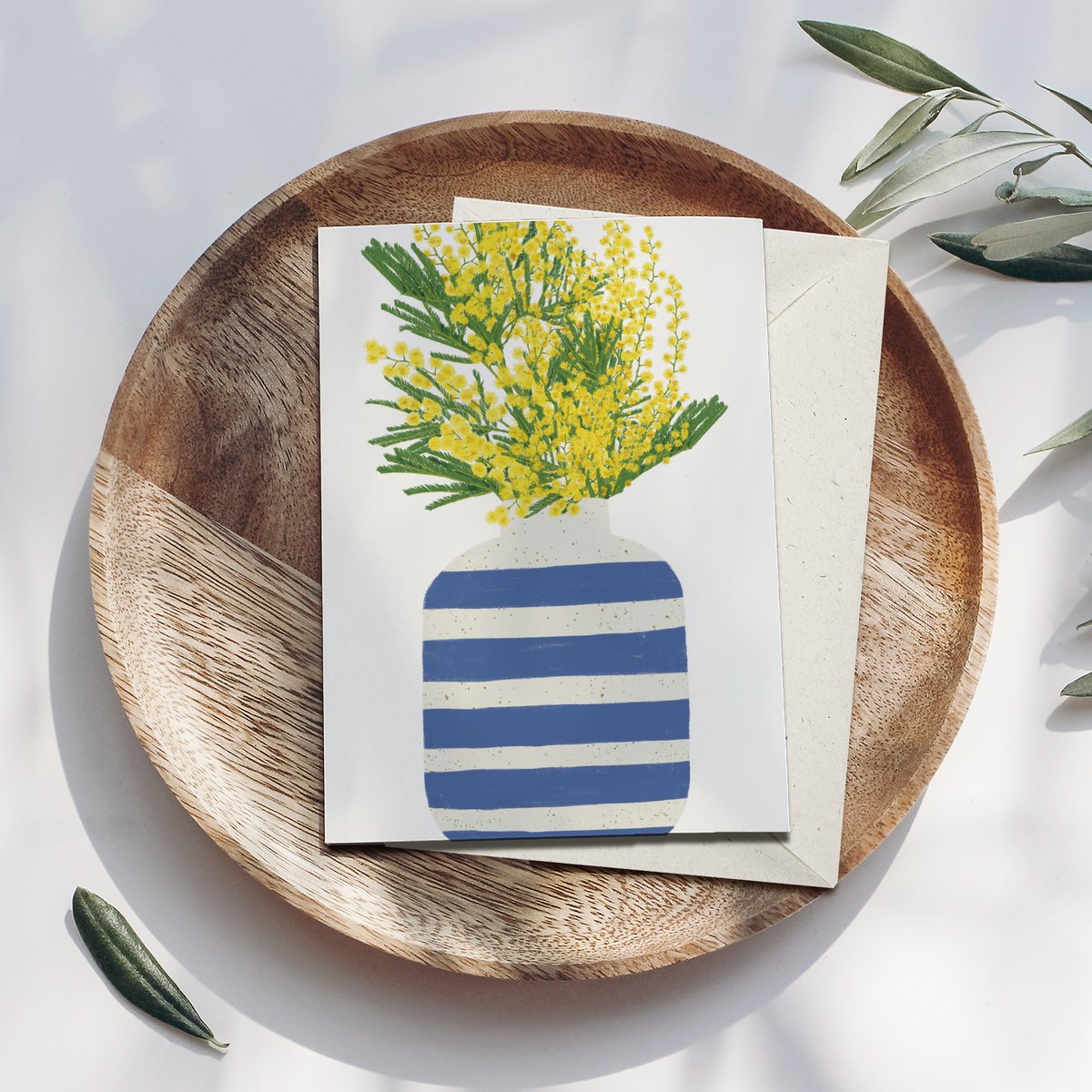 Folding card blue striped vase with yellow flowers, including envelope