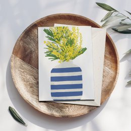 Folding card blue striped vase with yellow flowers, including envelope