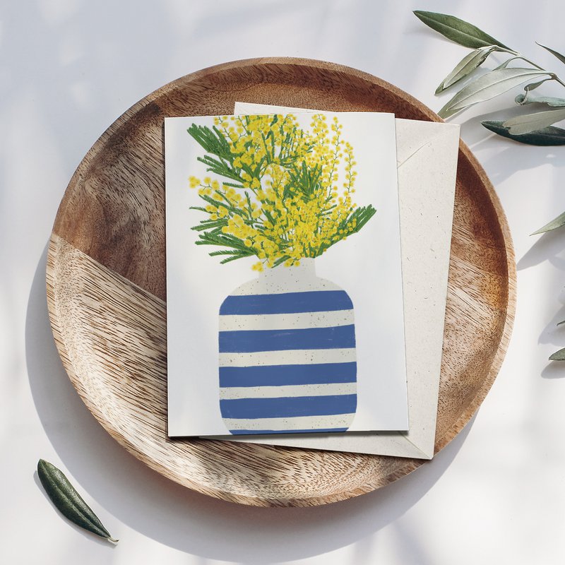 Folding card blue striped vase with yellow flowers, including envelope
