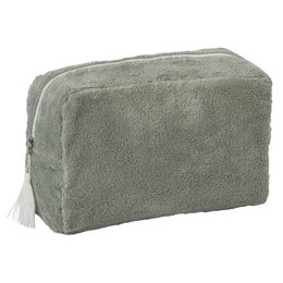 Rectangular bamboo toiletry bag in a verdigris color, suitable for kids' use. Made of durable bamboo material with a soft, plush texture.