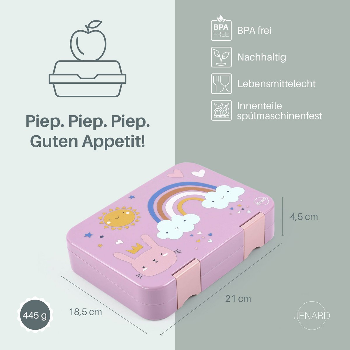 Brotdose Kinder auslaufsicher mit Fächern – Bento Lunchbox Kindergarten BPA frei – Regenbogen - JENARD