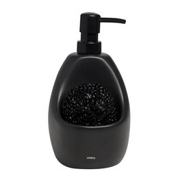 Black soap pump dispenser with integrated scrubby holder, modern rounded design for kitchen sink.