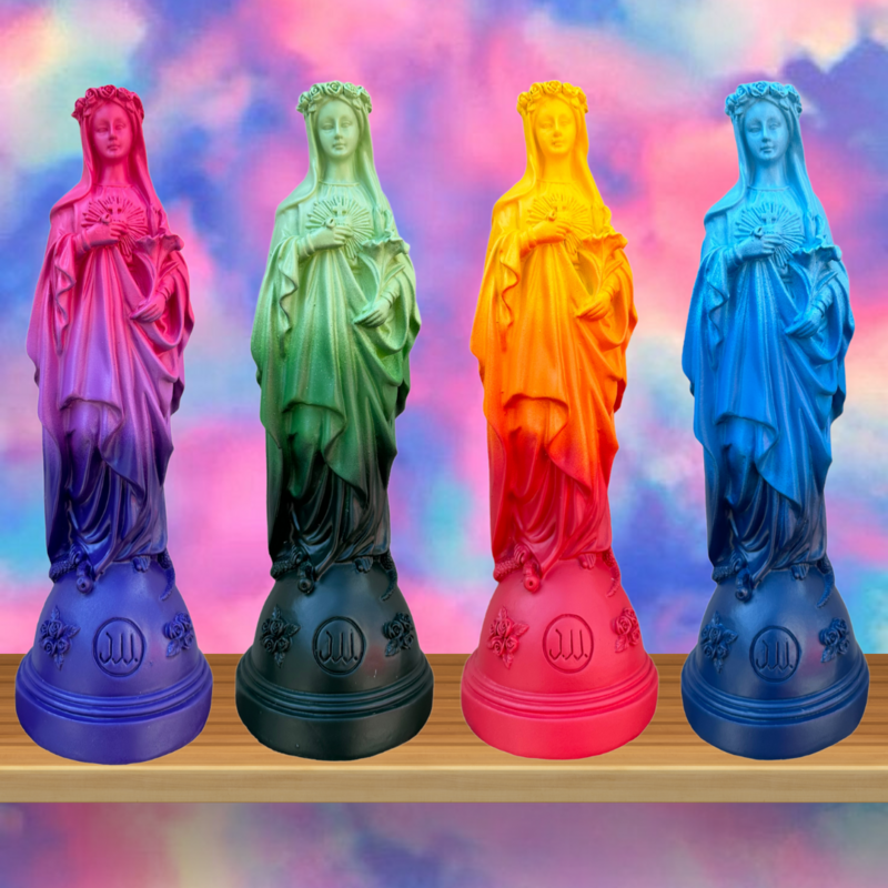 Marie statuette with Tie and Dye colored flowers