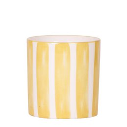  A round, yellow and white striped ceramic plant pot with a diameter of 9cm. The pot has a simple, modern design and is suitable for holding small plants or succulents.