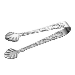 Silver sugar tongs with an ornate, floral design. Suitable for use at formal table settings or as a decorative accent piece.