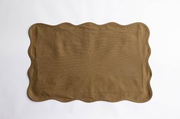 Rectangular linen cushion with scalloped edges, in a neutral beige color.