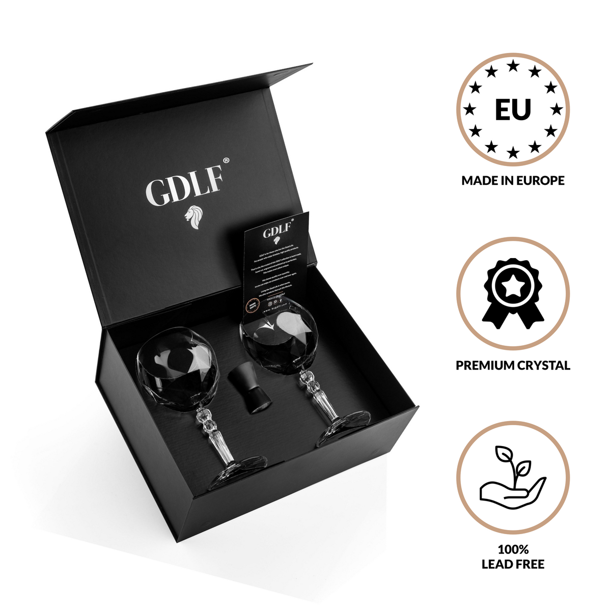 Gin Tonic Glasses Set Made of High Quality Crystal - 2 Gin Tonic Glasses & Double Sided Bar Measure Black with Luxury Storage Box, Cocktail Glasses, The Perfect Gin Gift Set
