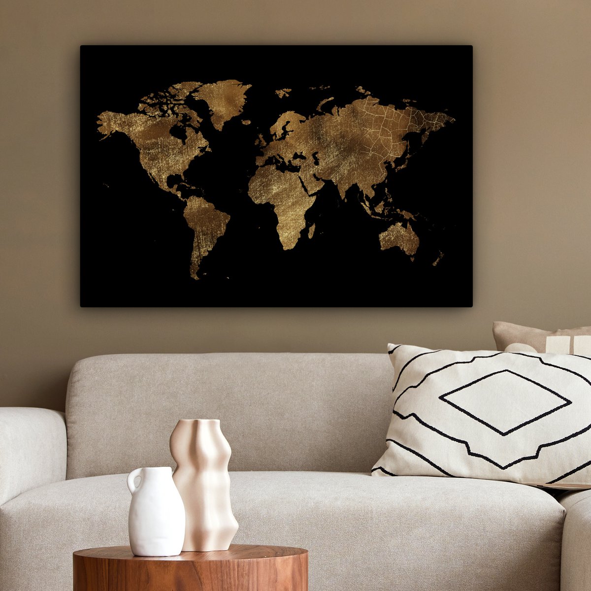 Canvas schilderij  - Wanddecoratie - Wereldkaart - Goud - Luxe - Aarde - Zwart