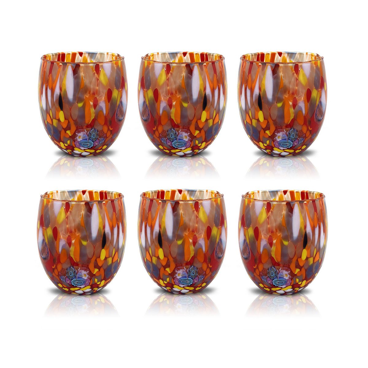 Klassieke waterglazen van handgeblazen en handgemaakt glas met Murano Murrine, lijn “I Colori di Murano”, 320 ml. Gemaakt in Italië
