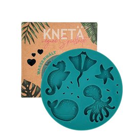 Teal silicone mold with ocean creatures: seahorse, starfish, jellyfish, octopus, shells water world theme