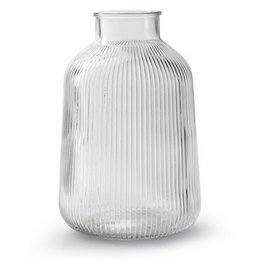 A tall, cylindrical glass vase with vertical ribbed texture. The vase has a wide opening at the top and a narrow base.