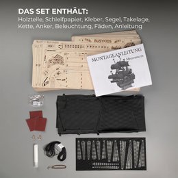 Galeone aus Holz mit LED-Beleuchtung – 3D-Holzpuzzle 583 Teile, Schiffsmodell mit Segeln und Takelage, Modellbausatz ab 12