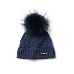 Cozy, cable-knit winter hat with a plush faux fur pom-pom in a variety of classic colors.