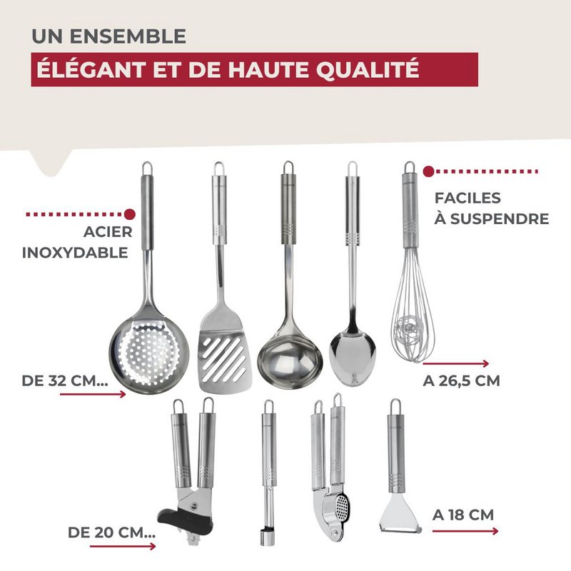 Ensemble de 9 ustensiles de cuisine inox Fackelmann Ovale
