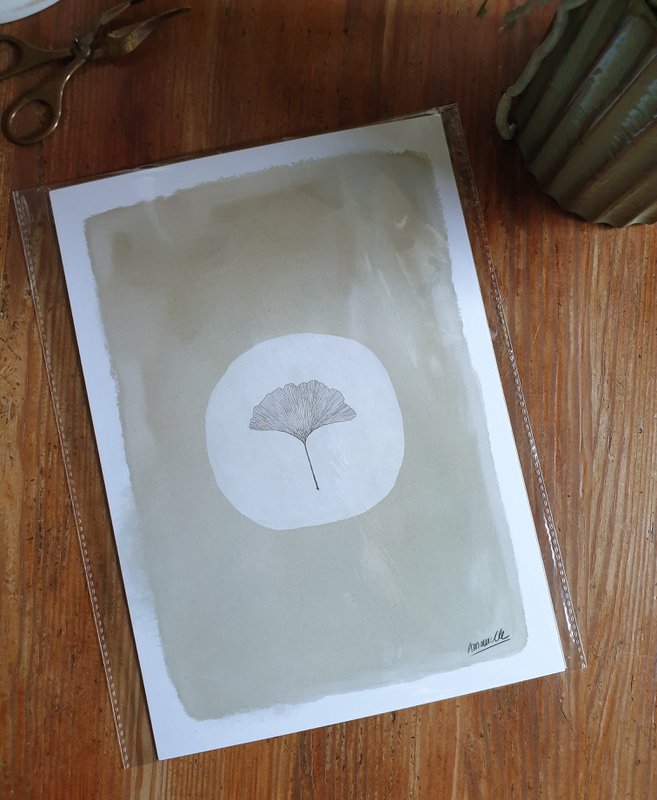 Japandi Plant Poster "White Ginkgo" A4 - Bæredygtige kunsttryk på genbrugspapir i cellofan