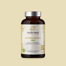 Organic Ashwagandha supplement in a brown glass bottle with a silver cap. The supplement is designed to support overall health and wellness.