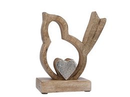 Wooden bird with metal heart statue, 15x6x18cm, decorative home accent piece.