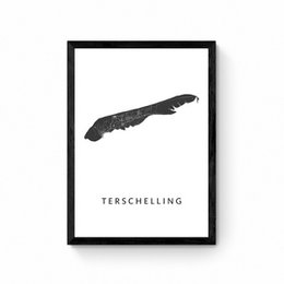  Terschelling Island Map Plan Poster - A minimalist poster featuring the outline of the island of Terschelling, Netherlands. Available in various sizes and framing options.