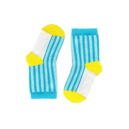 Soft, comfortable baby socks in a bright blue and white striped pattern with yellow accents. Perfect for keeping little feet warm and cozy on sunny days.