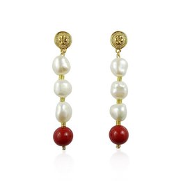 Elegant gold-toned statement earrings featuring a cascading design of pearls and red beads.