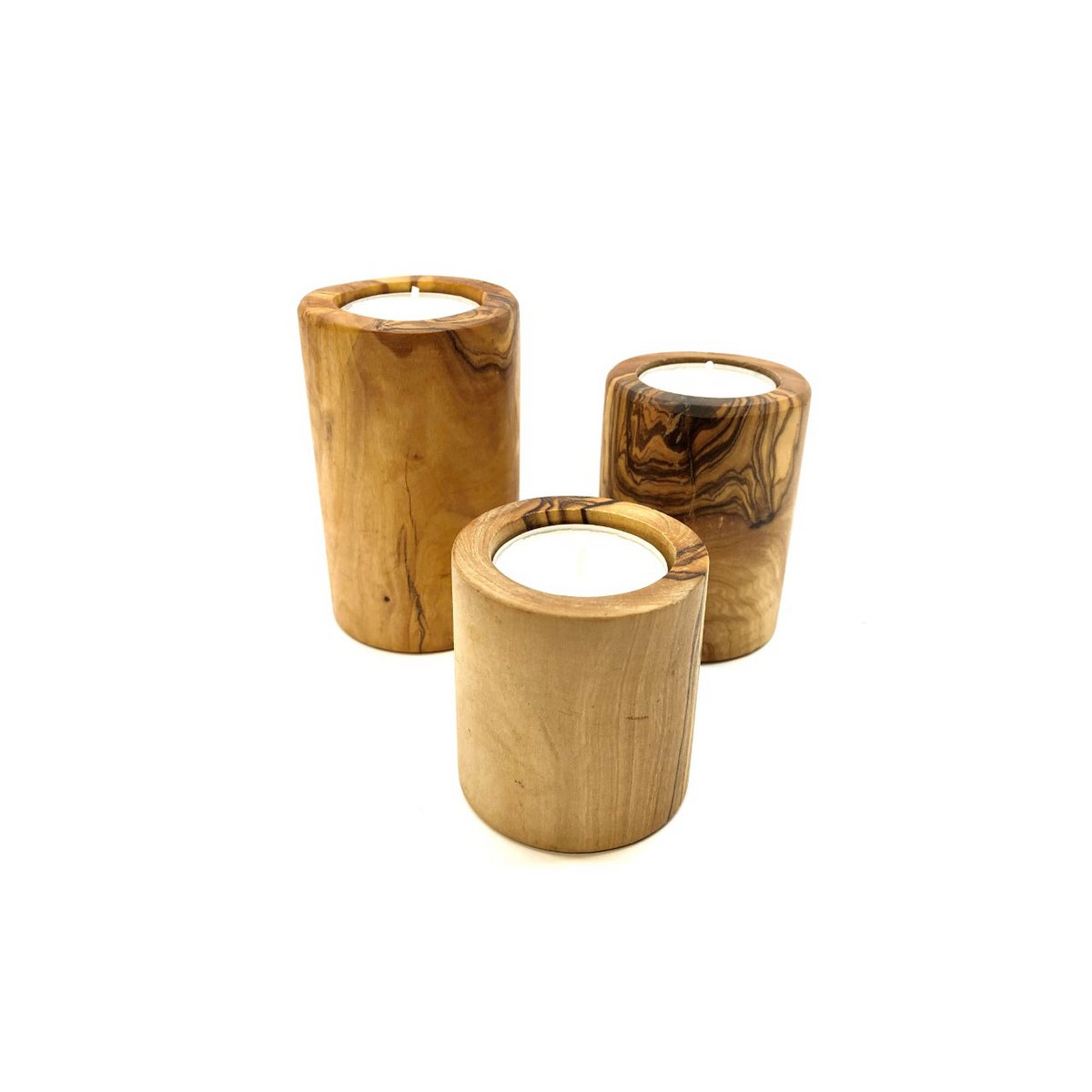 Juego de 3 portavelas de madera de olivo