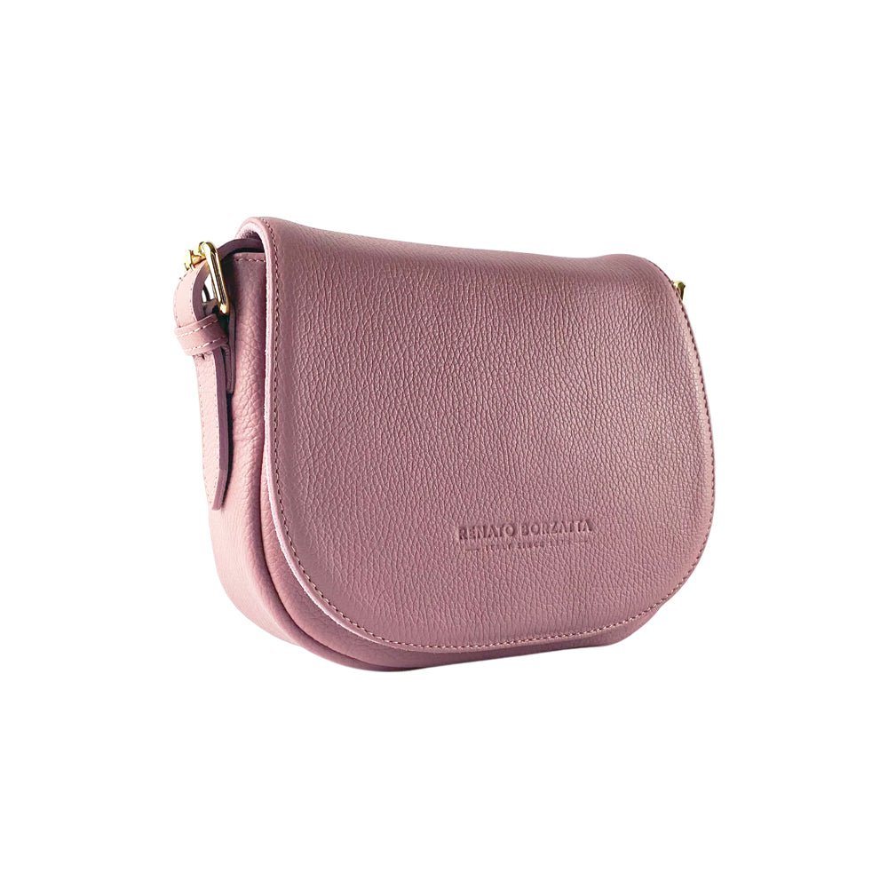 RB1002AZ | Sac bandoulière en cuir véritable fabriqué en Italie avec bandoulière en cuir amovible et attaches avec boucles en métal doré brillant - Coloris Rose Antique - Dimensions : 26 x 20 x 10 cm