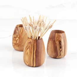  Handmade olive wood toothpick holder, natural wood grain, cylindrical shape, rustic kitchen organizer