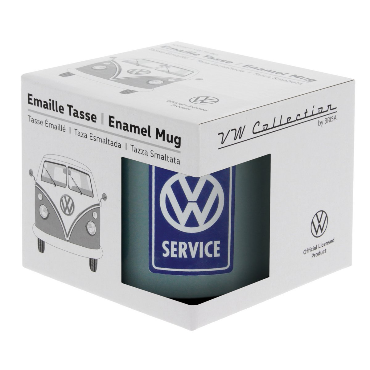 Volkswagen VW T1 Bus Emaillebecher 500 ml in Geschenkbox – Classic Bus/Petrol Blue
