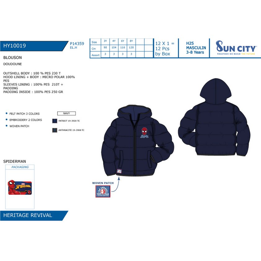 Lot of 12 Units | Children's Spiderman Down Jacket | Officially Licensed Products | SUN CITY Group