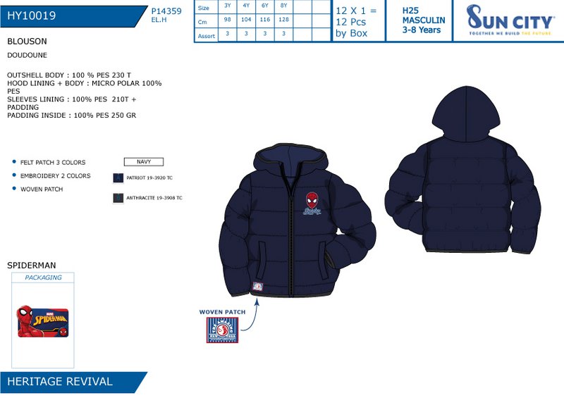 Lot von 12 Einheiten | Kinder-Spiderman-Daunenjacke | Offiziell lizenzierte Produkte | SUN CITY-Gruppe