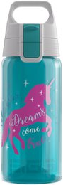 Turquoise kids water bottle with unicorn, "Dream Come True" text, 0.5l capacity, plastic with handle.