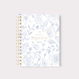 A5 size spiral-bound planner with a floral pattern design in shades of blue. Includes weekly planning pages.
