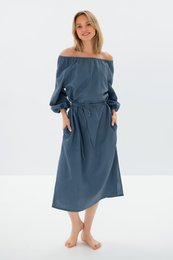 Off-shoulder stonewashed linen midi dress, blue cerise black, puffed sleeves, casual elegant.