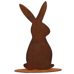 Rustic metal Easter bunny decoration in a patina finish, featuring a tall, standing rabbit shape with long ears. The decoration is suitable for garden or outdoor use.