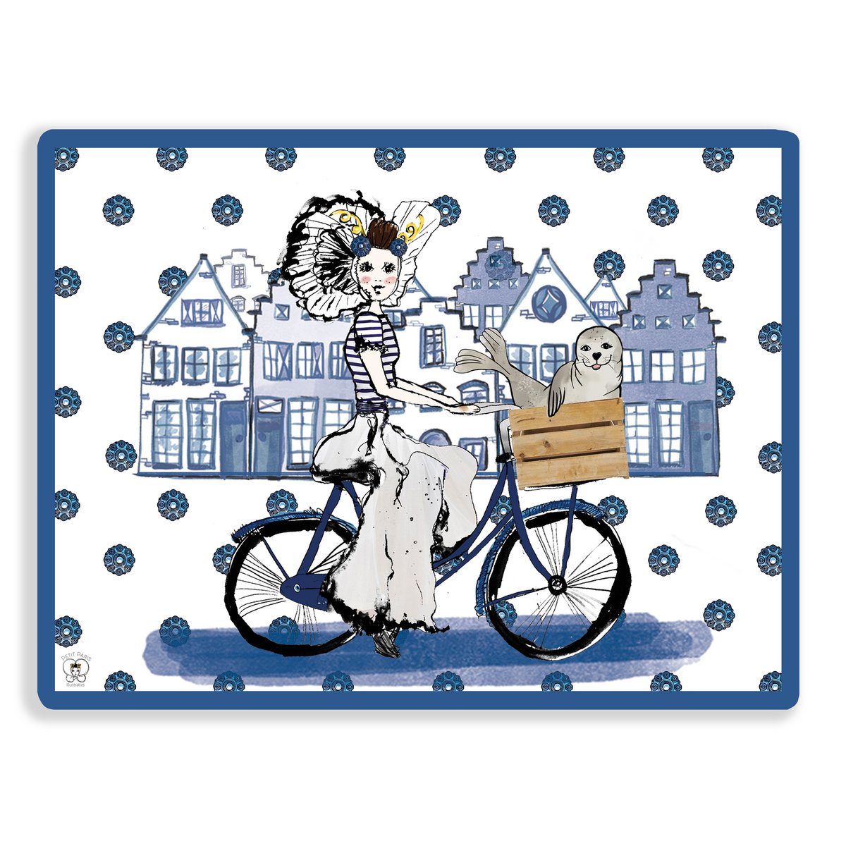 Zeeland souvenir | Delft Blue Zeeland Placemat – Zeeland Girl on Bicycle