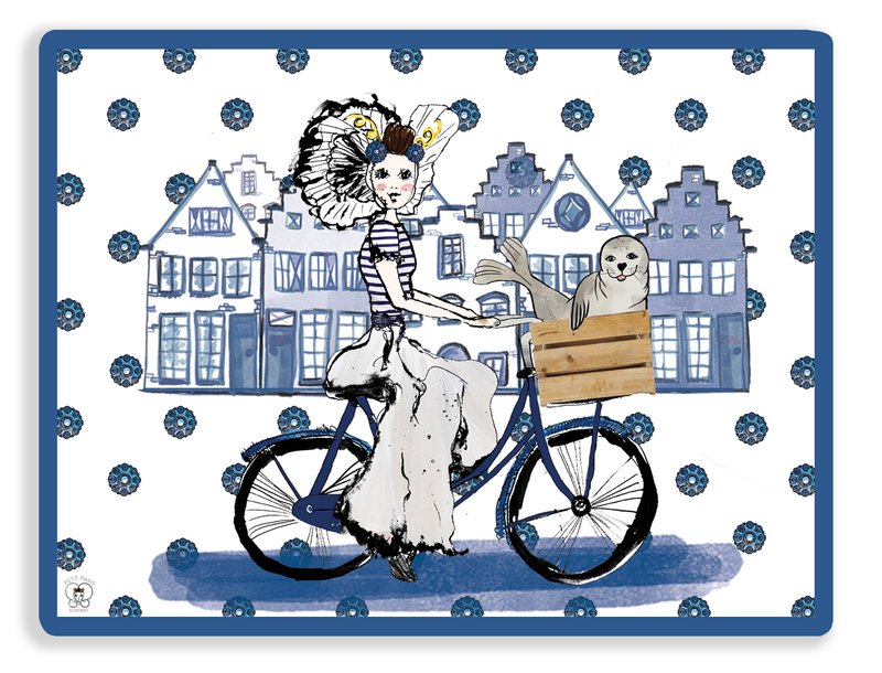 Zeeland souvenir | Delft Blue Zeeland Placemat – Zeeland Girl on Bicycle