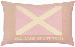  Rectangular cushion cover in shades of pink and yellow, featuring the Scotland sport team logo. Soft, durable fabric suitable for indoor or outdoor use.