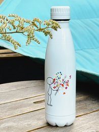 A stainless steel water bottle with a white body and colorful floral designs. The bottle has a round, tall shape and a screw-on lid.