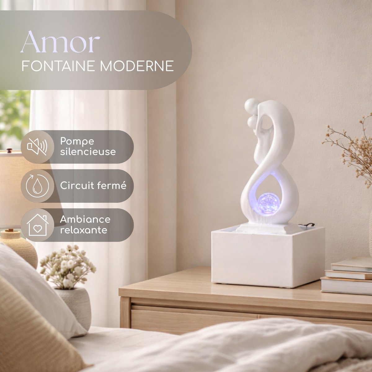 Fuente interior - Amor White - Moderna con luz LED de colores - Escultura de amantes extraíble - Decoración contemporánea para el hogar - Bola giratoria