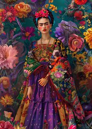 Vibrant floral portrait of Frida Kahlo in a colorful, patterned dress against a lush, botanical background.