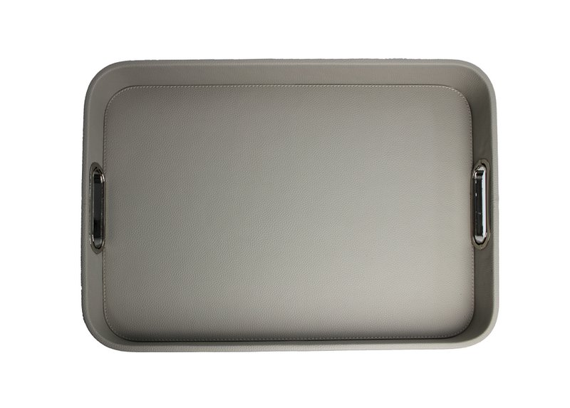 Tablette en cuir synthétique gris clair en cuir lisse avec poignées en acier inoxydable 45 × 33 × 6cm