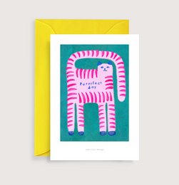Colorful illustration of a cat on a note card, featuring a pink and white striped design. Suitable for a variety of uses, including greeting cards, wall art, or stationery.