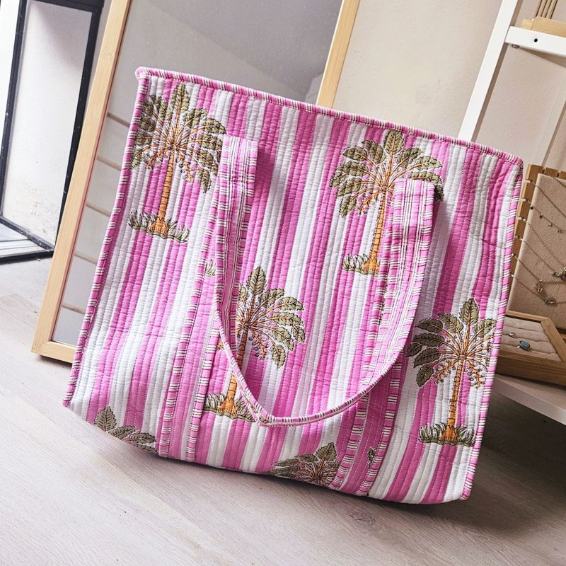 Blockprint schoudertas palmboom roze