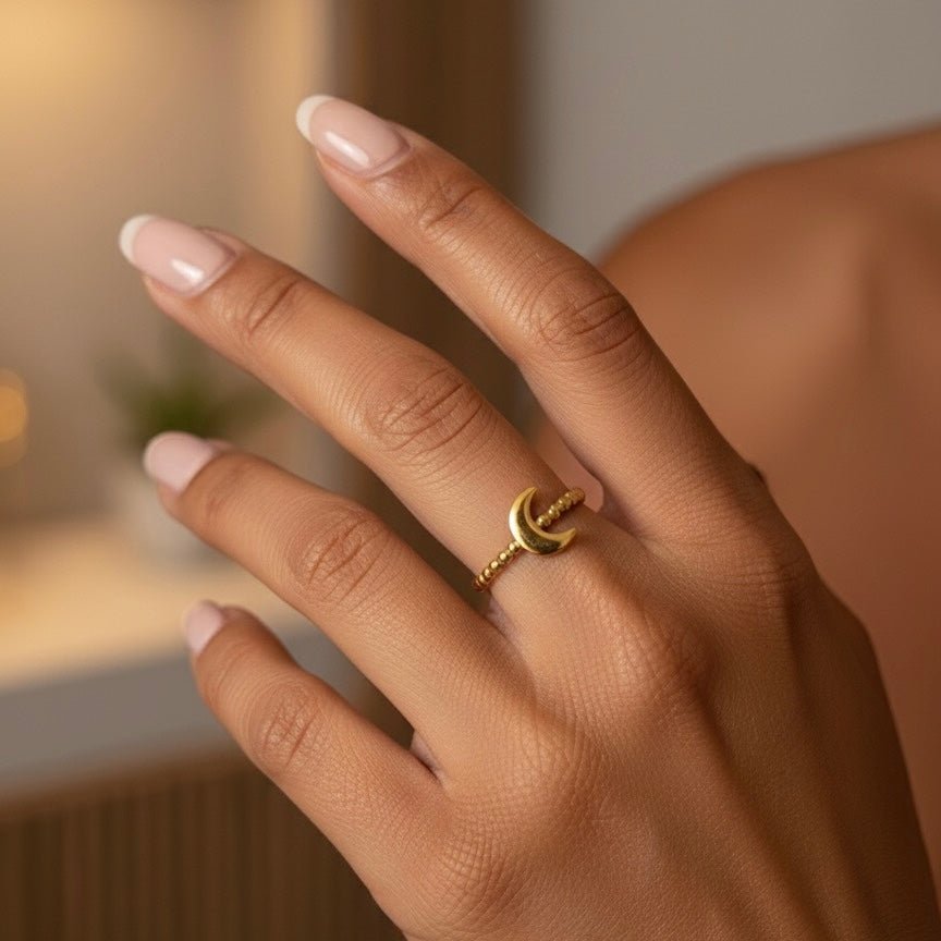 ANILLO LUNA BEAD – Anillo de luna dorado ajustable e impermeable