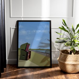  Poster featuring a beach chair against a scenic coastal landscape with a blue sky and clouds. The poster has a minimalist, illustrated style.