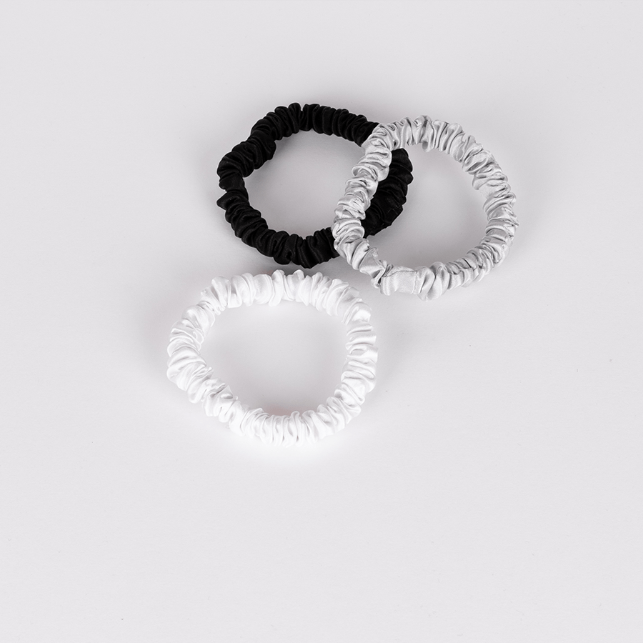 SCRUNCHIES - WHITE, BLACK & SILVER